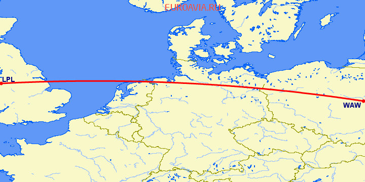 перелет Ливерпуль — Варшава на карте