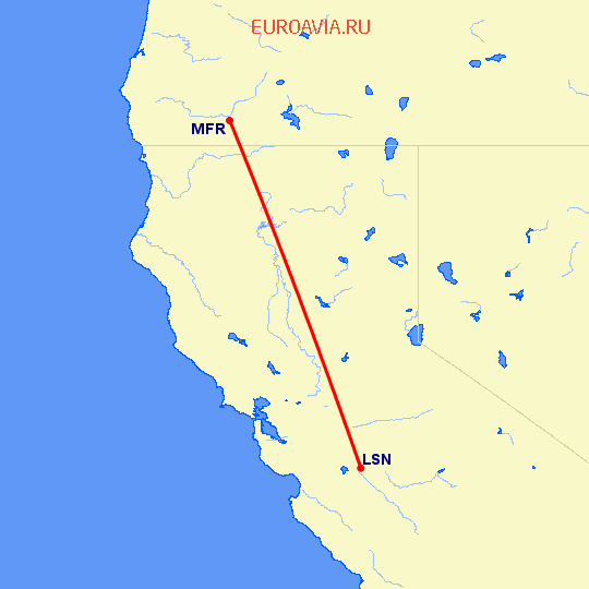 перелет Los Banos — Медфорд на карте