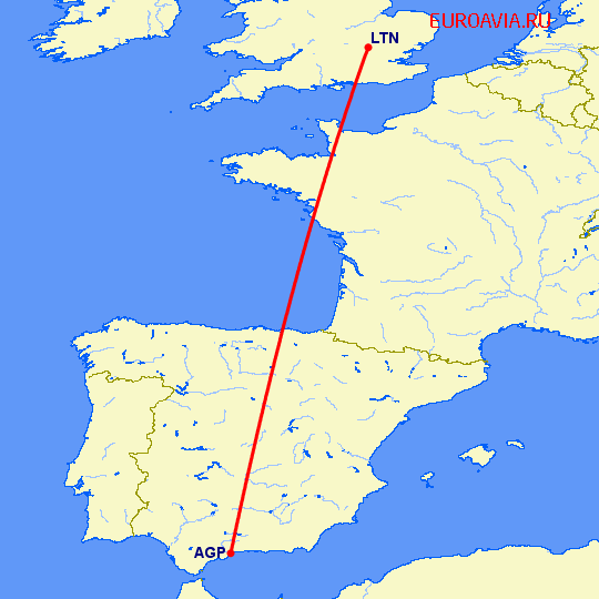 перелет Luton — Малага на карте