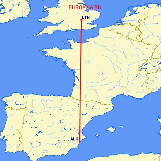 перелет Luton — Аликанте на карте