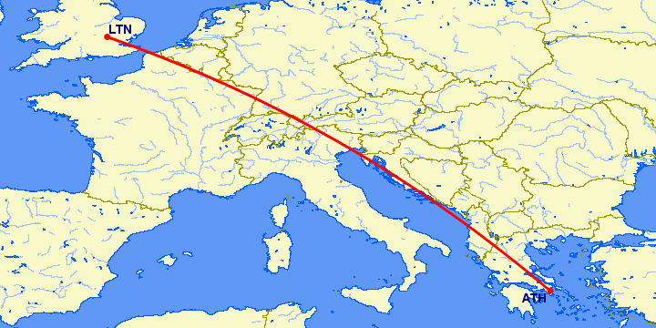 перелет Luton — Афины на карте