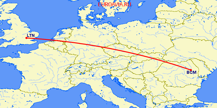 перелет Luton — Бакэу на карте