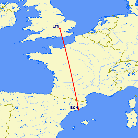 перелет Luton — Барселона на карте