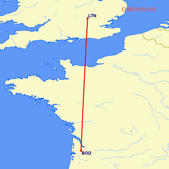 перелет Luton — Бордо на карте
