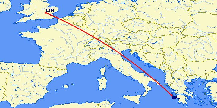 перелет Luton — Кефалония на карте