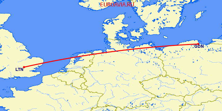 перелет Luton — Гданьск на карте