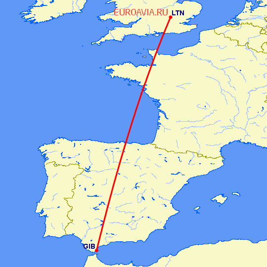 перелет Luton — Гибралтар на карте