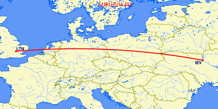 перелет Luton — Киев на карте