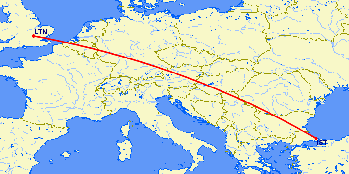 перелет Luton — Стамбул на карте