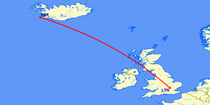 перелет Luton — Рейкьявик на карте