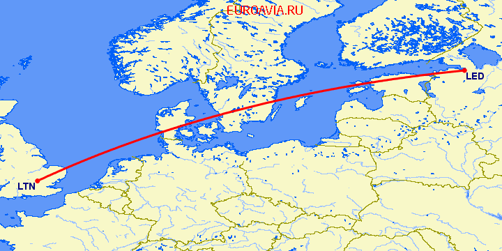 перелет Luton — Санкт Петербург на карте