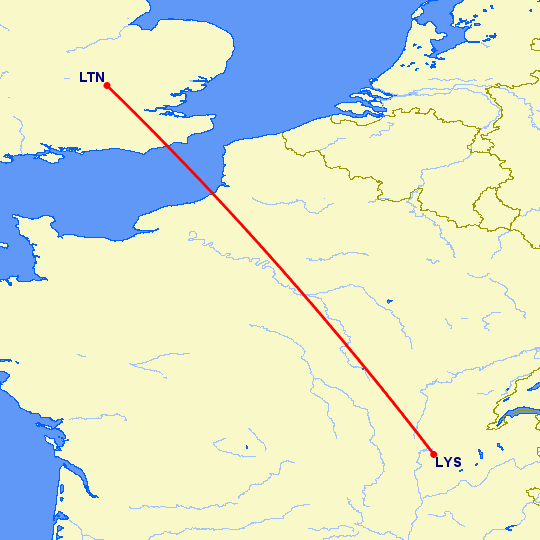 перелет Luton — Лион на карте