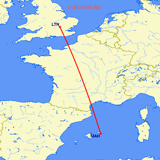 перелет Luton — Менорка на карте