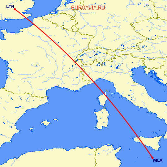 перелет Luton — Мальта на карте