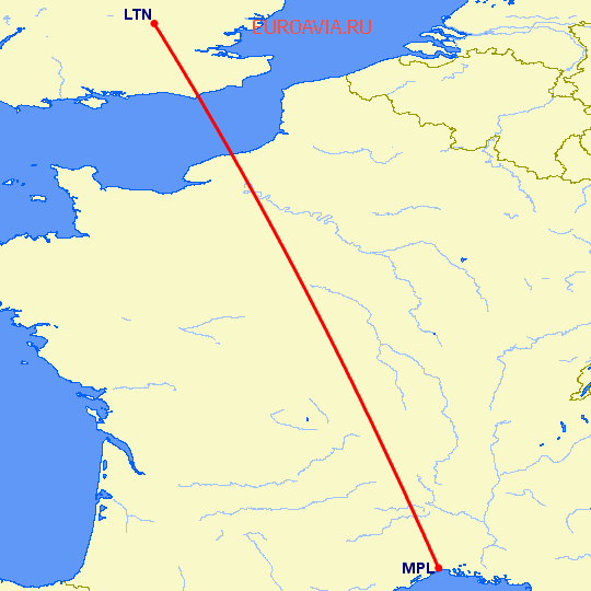 перелет Luton — Монпелье на карте