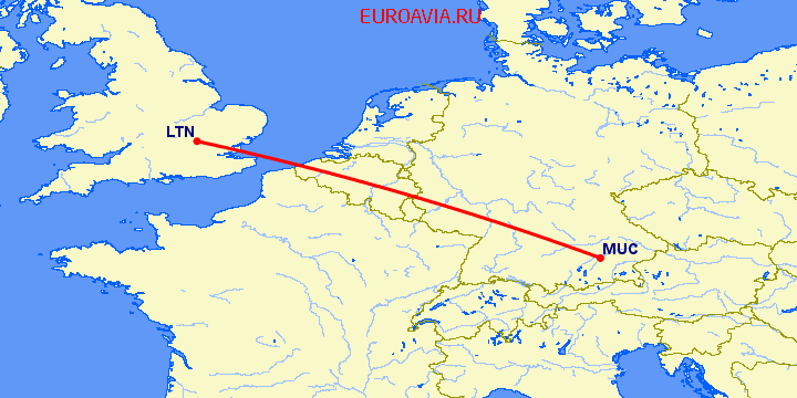 перелет Luton — Мюнхен на карте