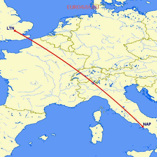 перелет Luton — Неаполь на карте