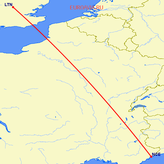 перелет Luton — Ницца на карте