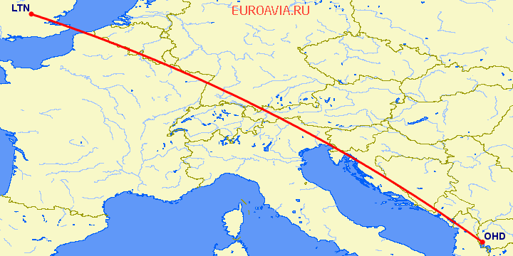 перелет Luton — Охрид на карте