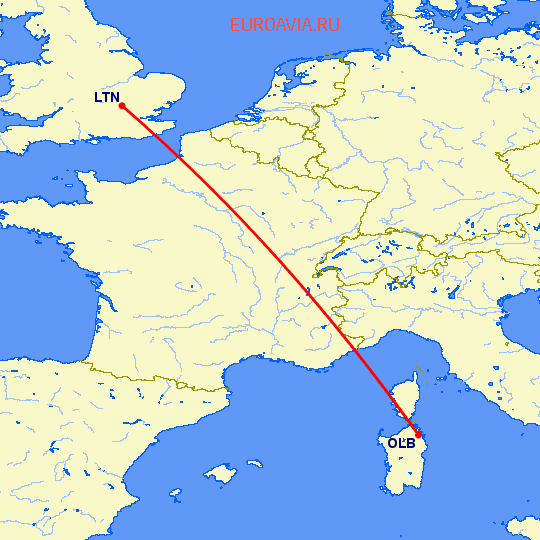 перелет Luton — Costa Smeralda на карте