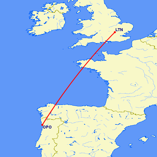 перелет Luton — Порту на карте