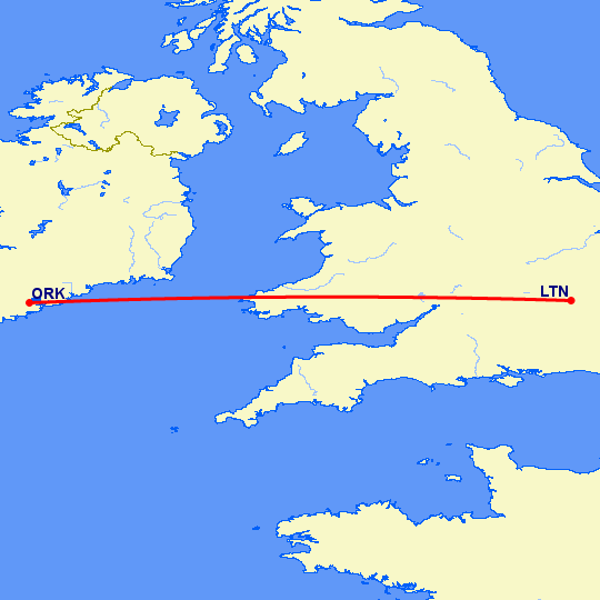 перелет Luton — Корк на карте