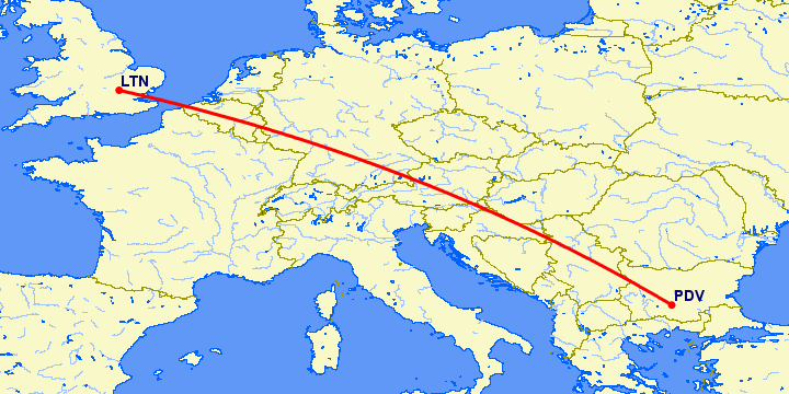 перелет Luton — Пловдив на карте
