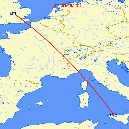 перелет Luton — Палермо на карте