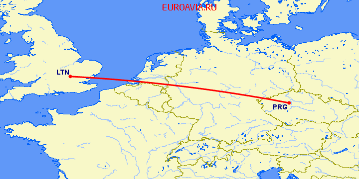 перелет Luton — Прага на карте