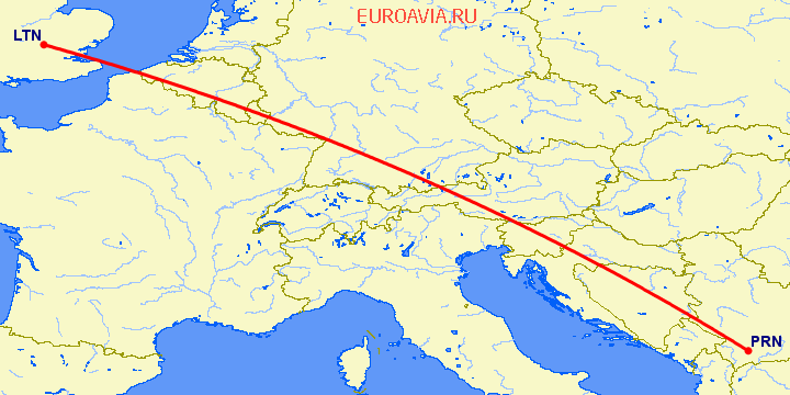 перелет Luton — Приштина на карте