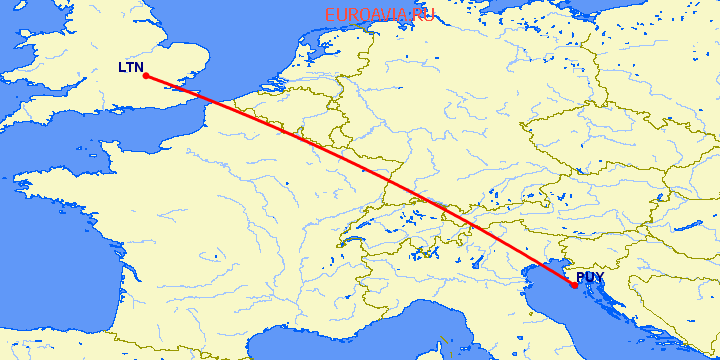 перелет Luton — Пула на карте