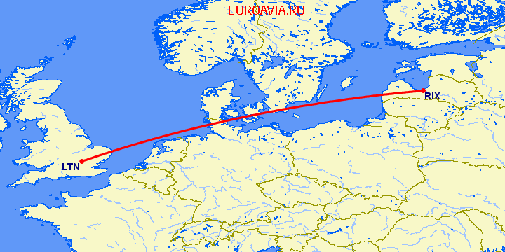 перелет Luton — Рига на карте