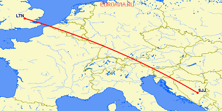 перелет Luton — Сараево на карте