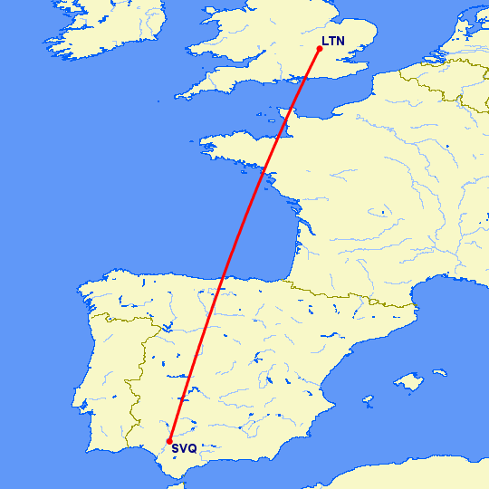 перелет Luton — Севилья на карте