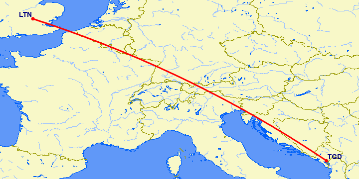 перелет Luton — Подгорица на карте