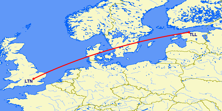 перелет Luton — Таллин на карте