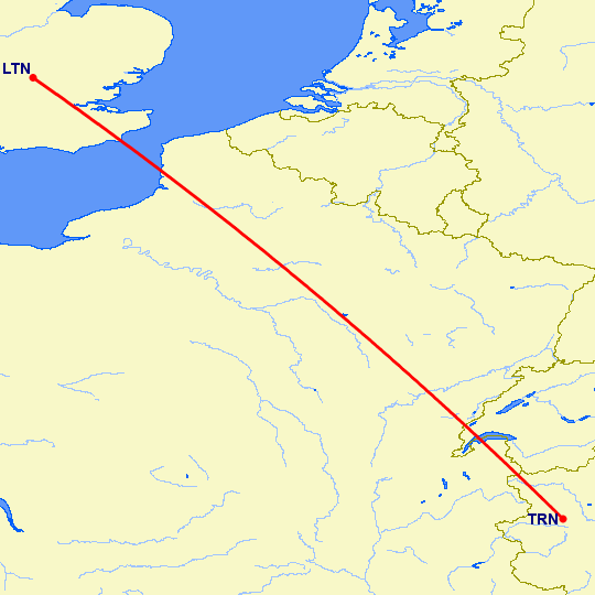 перелет Luton — Турин на карте