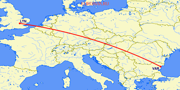 перелет Luton — Варна на карте