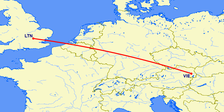 перелет Luton — Вена на карте