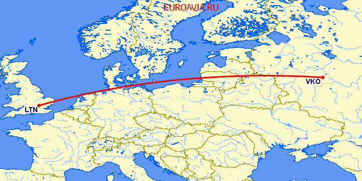 перелет Luton — Москва на карте
