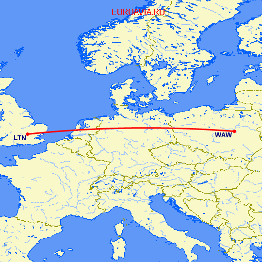 перелет Luton — Варшава на карте