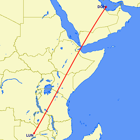 перелет Лусака — Доха на карте