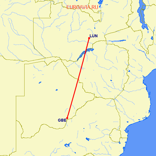 перелет Лусака — Габороне на карте