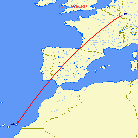 перелет Люксембург — Арресифе на карте