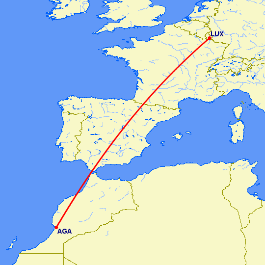 перелет Люксембург — Агадир на карте