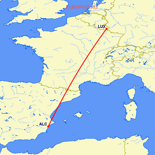 перелет Люксембург — Аликанте на карте