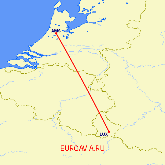 перелет Люксембург — Амстердам на карте