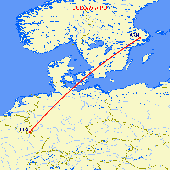перелет Люксембург — Стокгольм на карте