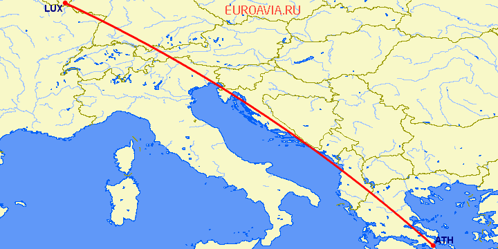 перелет Люксембург — Афины на карте