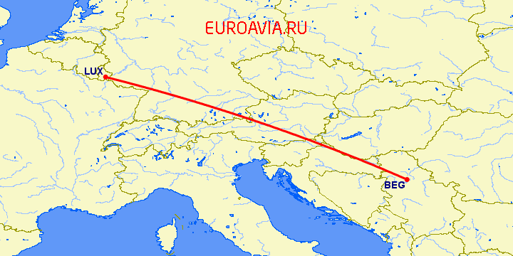 перелет Люксембург — Белград на карте